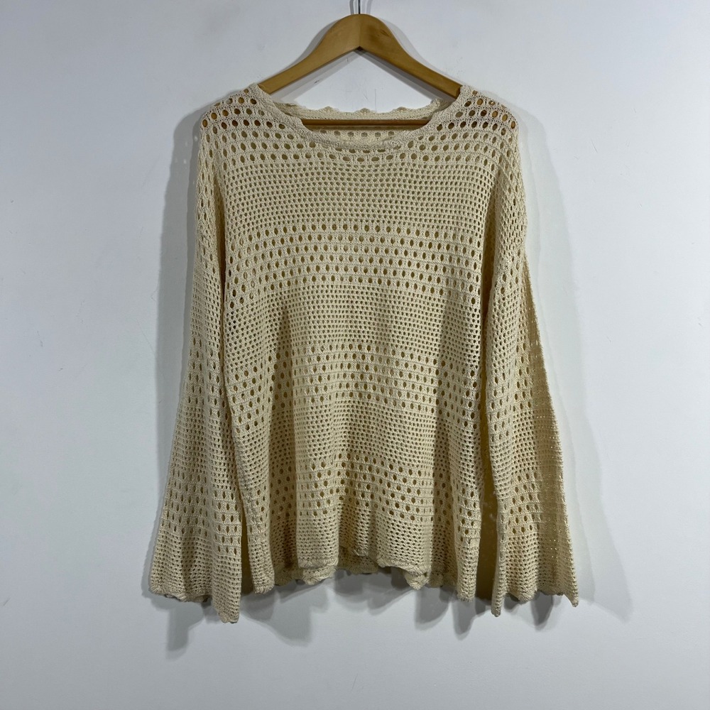 Womens Retro Beachy Flare Sleeve Open Knit Crochet Sweater Crew Neck Large Boho